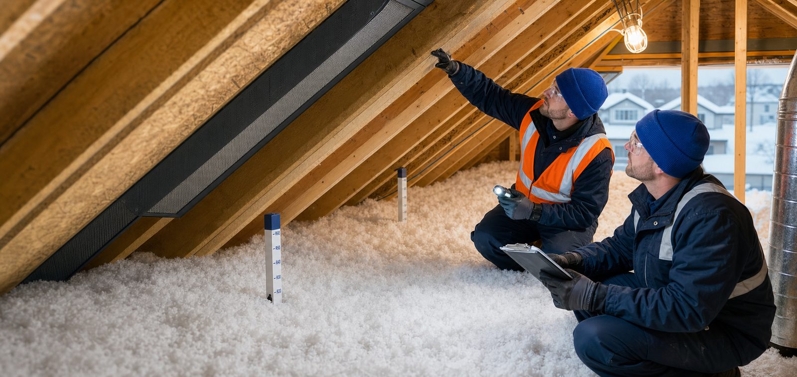 Canadian attic roof insulation crew inspecting ventilation and blown-in insulation